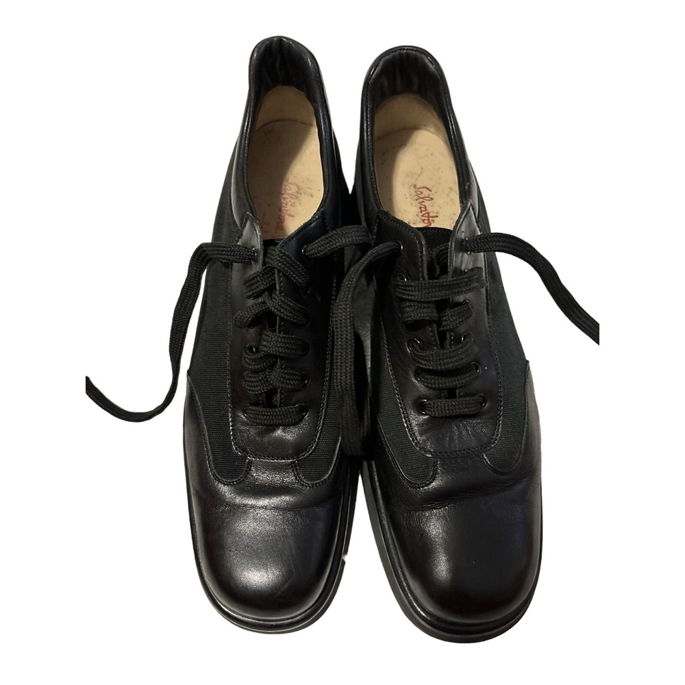 Salvatore Ferragamo Sport Womens Black Leather Canvas Lace Up Sneakers 9.5 5176